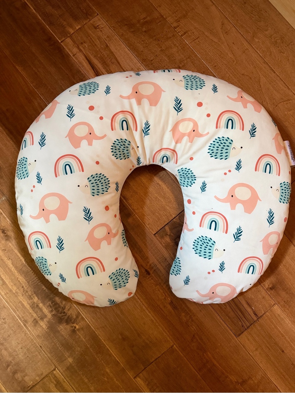 Nursing & Support Pillow with Pink Elephant and Teal Hedgehog Print